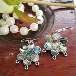 Abalone Shell Dangle Earrings Floral Shaped 925 Silver 1"